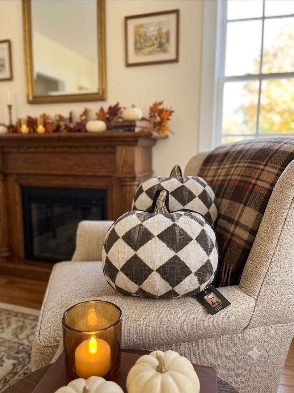 Harlequin Diamond Pumpkin Pillows - Set of 2 Halloween Fall Decor